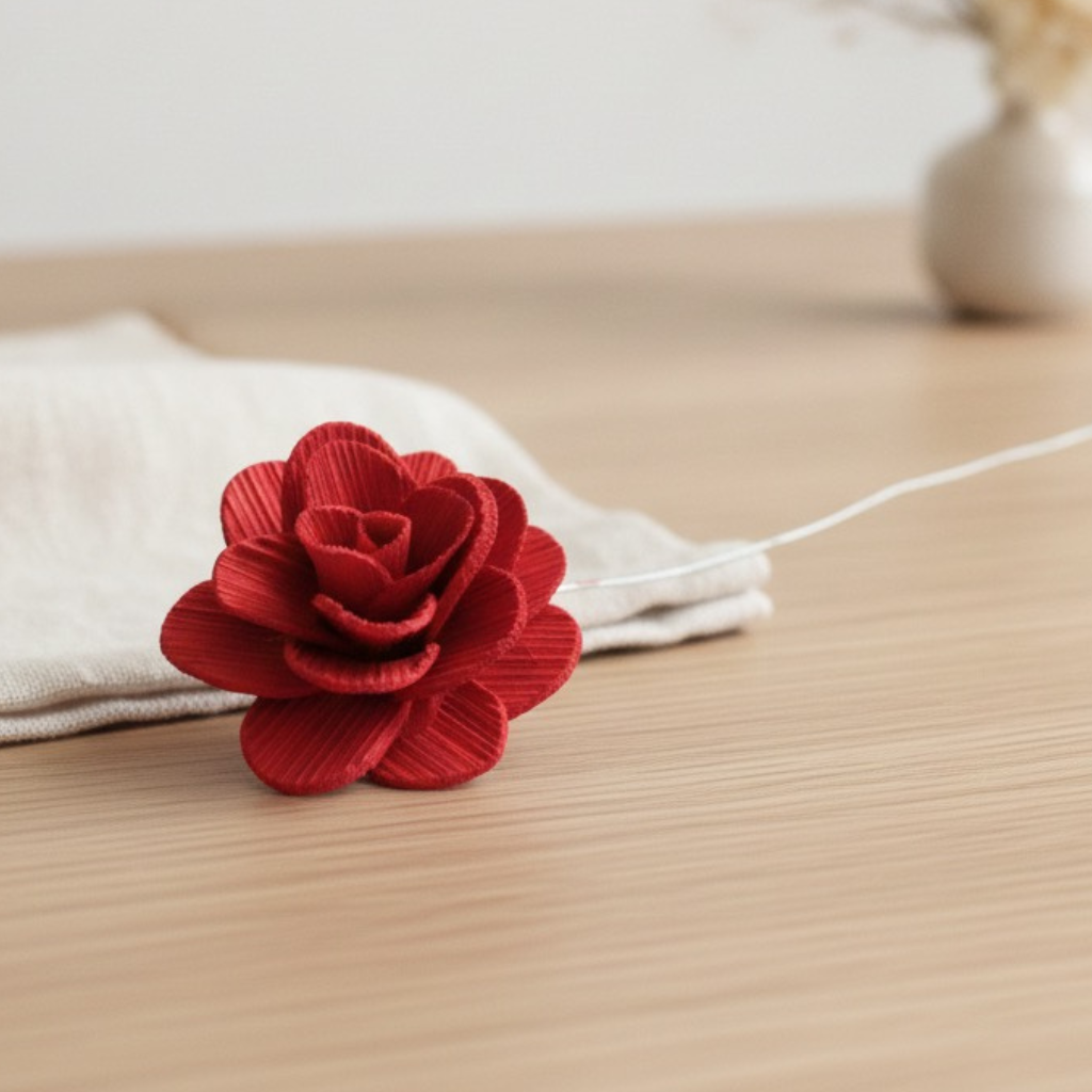Červená dřevěná dekorační růže Betal Rose na kovovém drátku